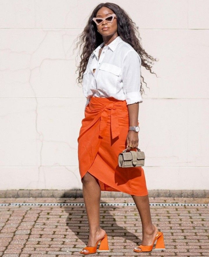 Orange pencil wrap midi skirt